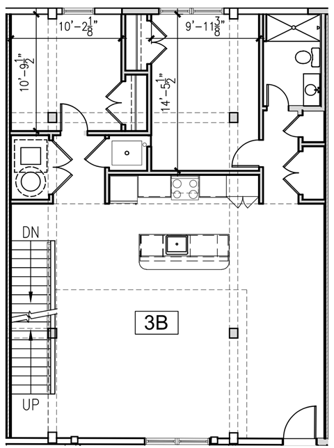 A floor plan of a house with a kitchen, living room, and bathroom.